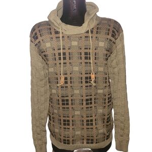 Mens Olive Green and Black Checkered Knit Hooded Sweater